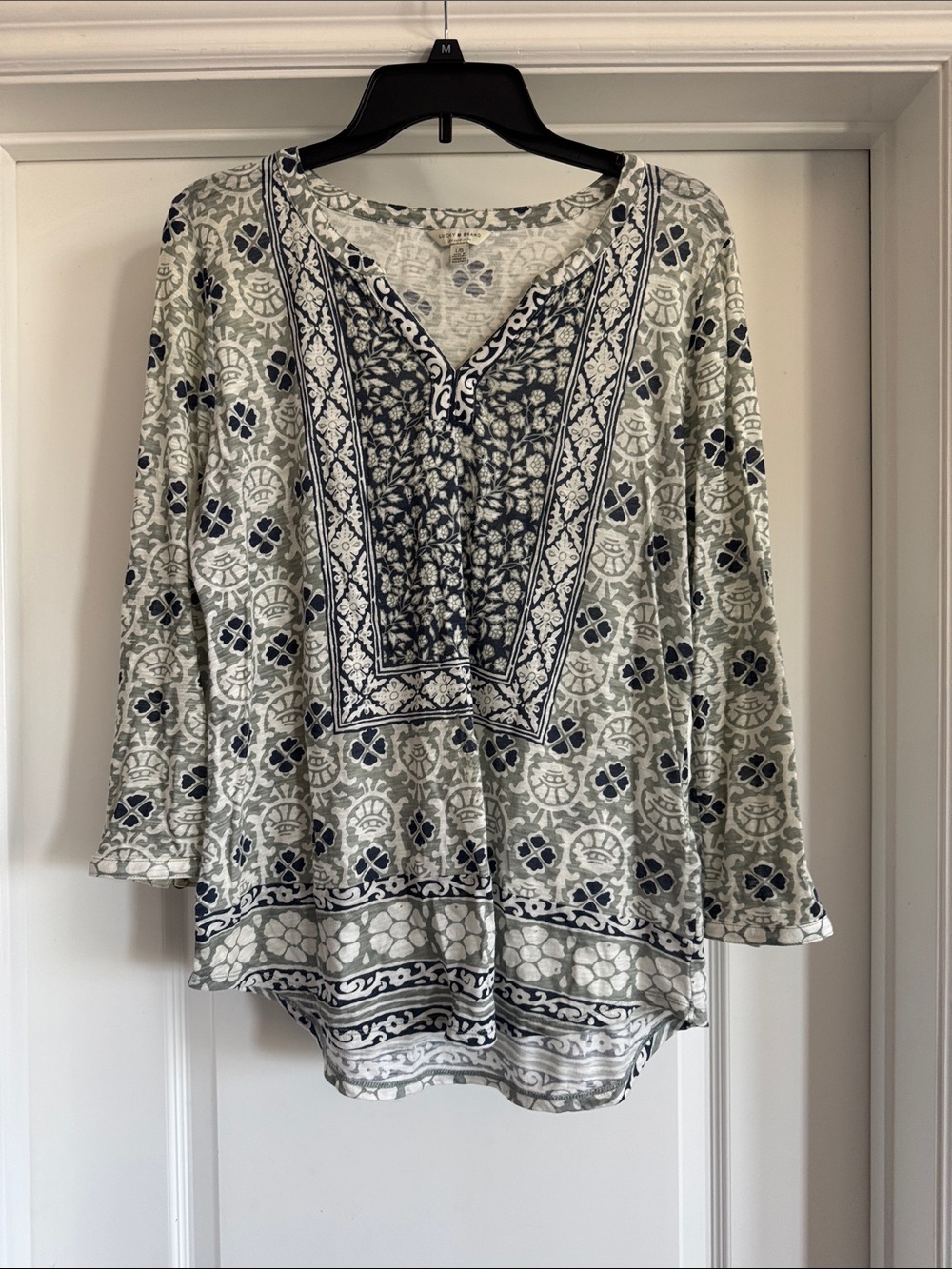 Boho Embroidered V-Neck Women's Tunic Top in Sage and Navy